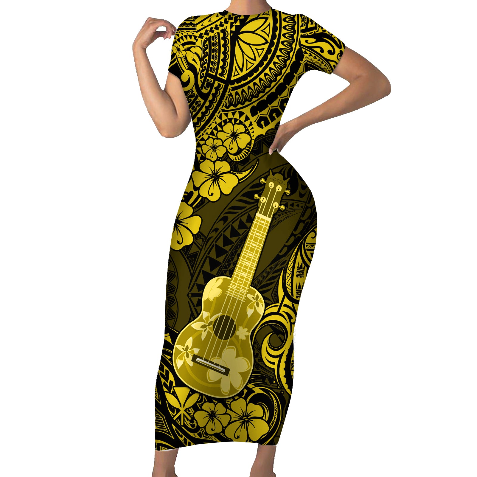 Hawaii Ukulele Short Sleeve Bodycon Dress Polynesian Pattern Yellow Version LT01 Long Dress Yellow - Polynesian Pride