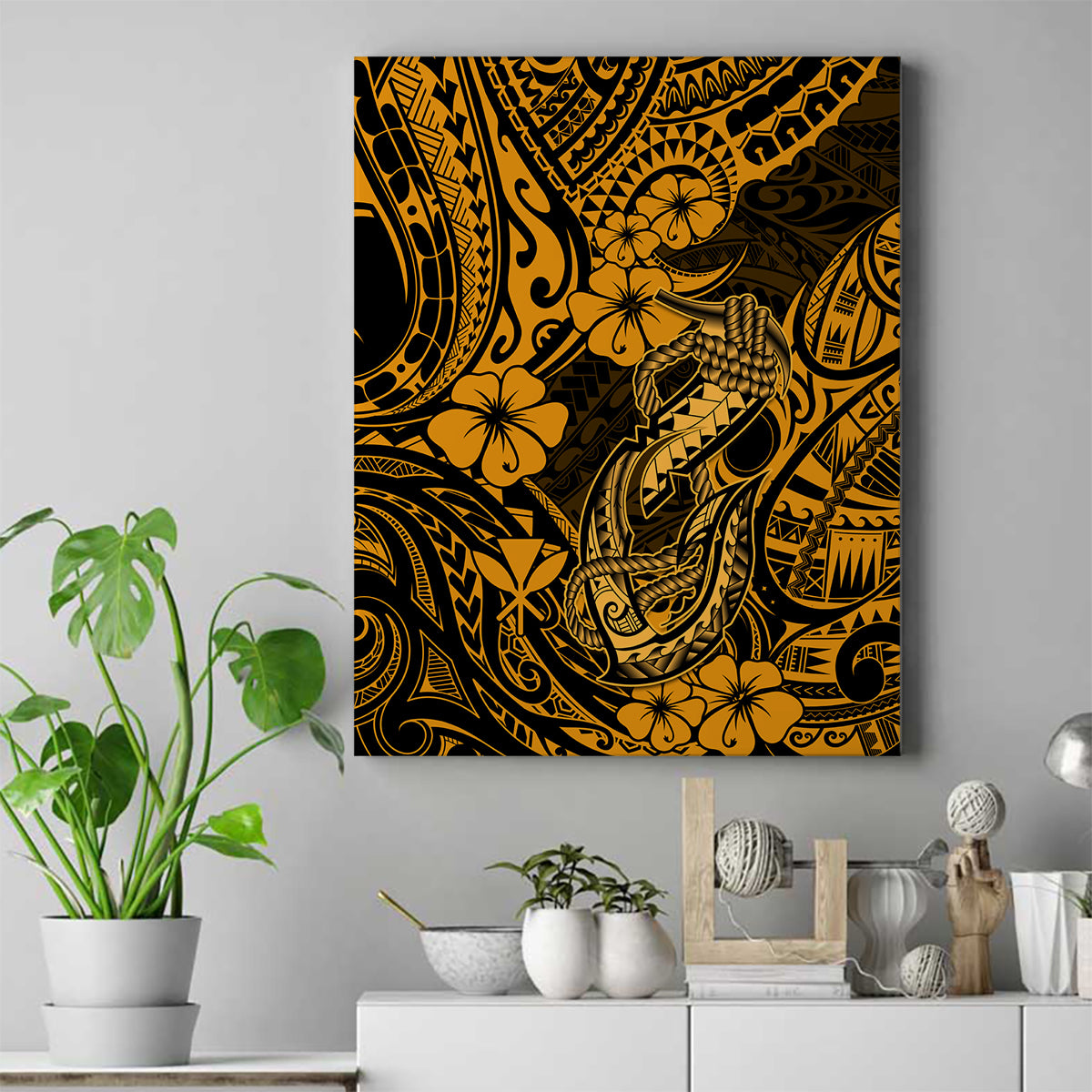 Hawaii Fish Hook Canvas Wall Art Polynesian Pattern Gold Version LT01 Gold - Polynesian Pride