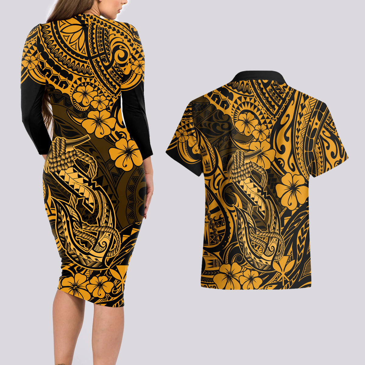 Hawaii Fish Hook Couples Matching Long Sleeve Bodycon Dress and Hawaiian Shirt Polynesian Pattern Gold Version LT01 - Polynesian Pride