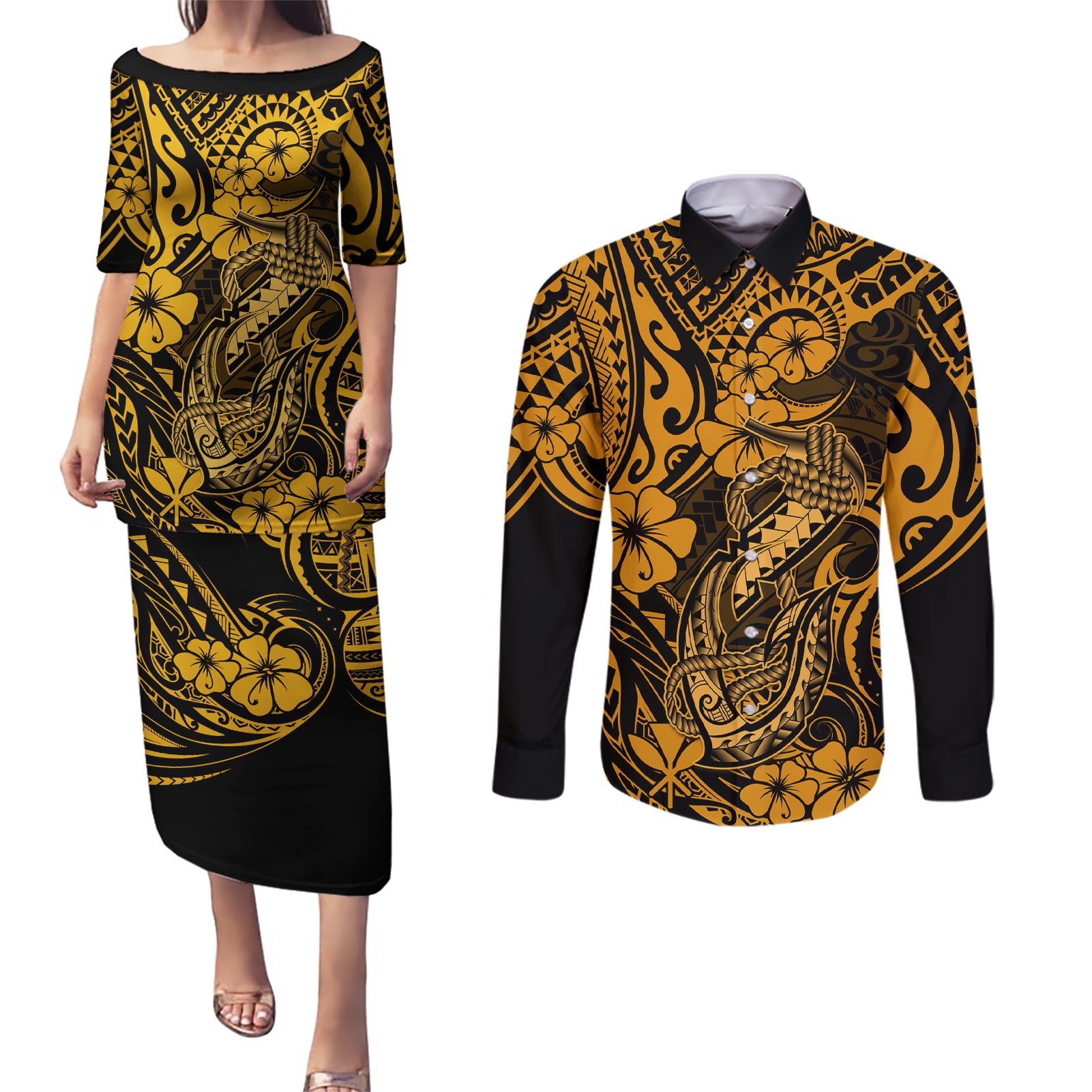 Hawaii Fish Hook Couples Matching Puletasi Dress and Long Sleeve Button Shirts Polynesian Pattern Gold Version LT01 Gold - Polynesian Pride