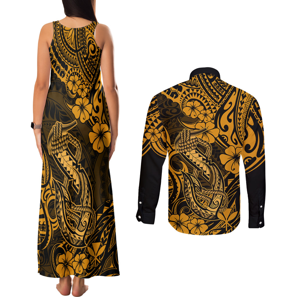 Hawaii Fish Hook Couples Matching Tank Maxi Dress and Long Sleeve Button Shirts Polynesian Pattern Gold Version LT01 - Polynesian Pride
