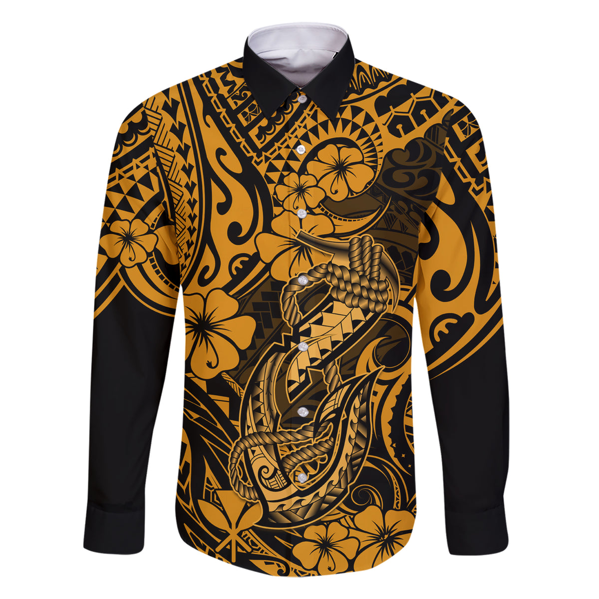 Hawaii Fish Hook Family Matching Short Sleeve Bodycon Dress and Hawaiian Shirt Polynesian Pattern Gold Version LT01 Dad's Shirt - Long Sleeve Gold - Polynesian Pride