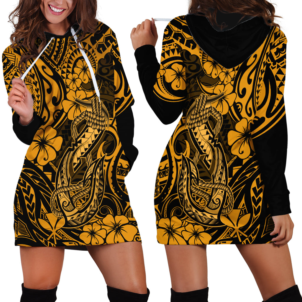 Hawaii Fish Hook Hoodie Dress Polynesian Pattern Gold Version LT01 - Polynesian Pride