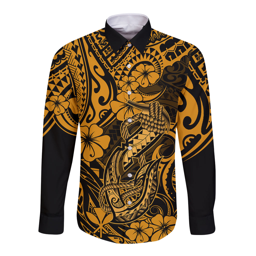 Hawaii Fish Hook Long Sleeve Button Shirt Polynesian Pattern Gold Version LT01 Unisex Gold - Polynesian Pride