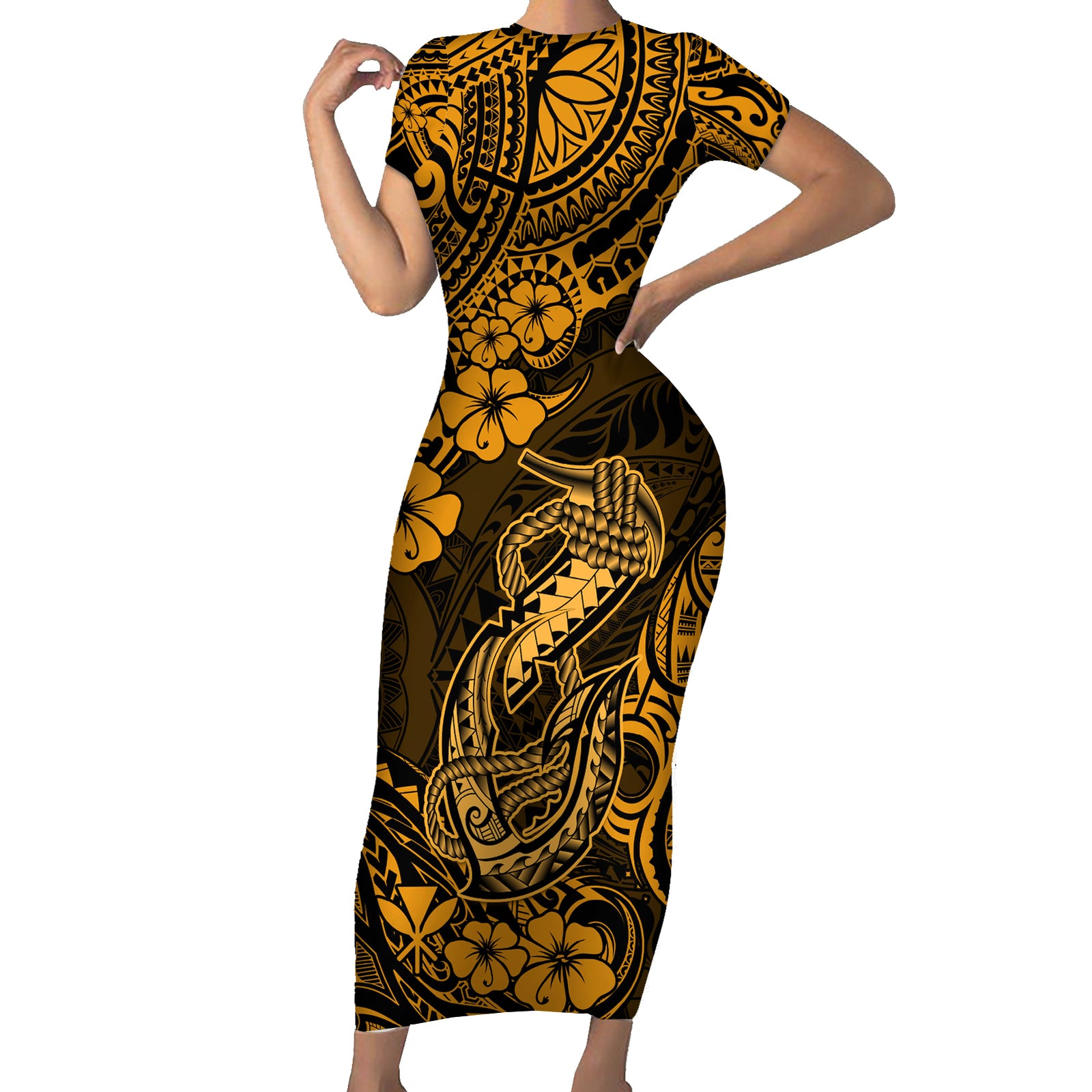 Hawaii Fish Hook Short Sleeve Bodycon Dress Polynesian Pattern Gold Version LT01 Long Dress Gold - Polynesian Pride