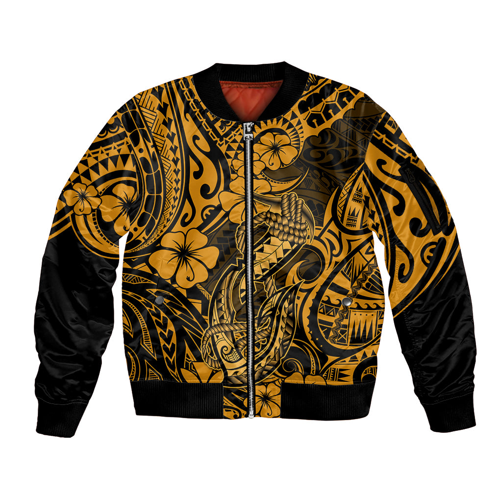 Hawaii Fish Hook Sleeve Zip Bomber Jacket Polynesian Pattern Gold Version LT01 Unisex Gold - Polynesian Pride