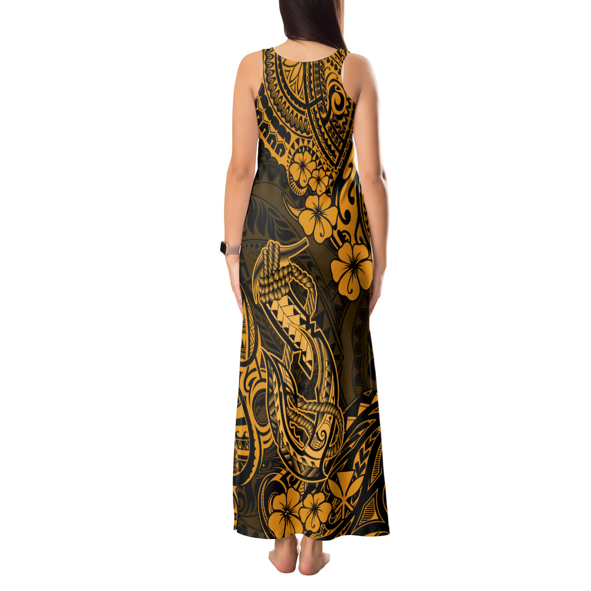 Hawaii Fish Hook Tank Maxi Dress Polynesian Pattern Gold Version LT01 - Polynesian Pride