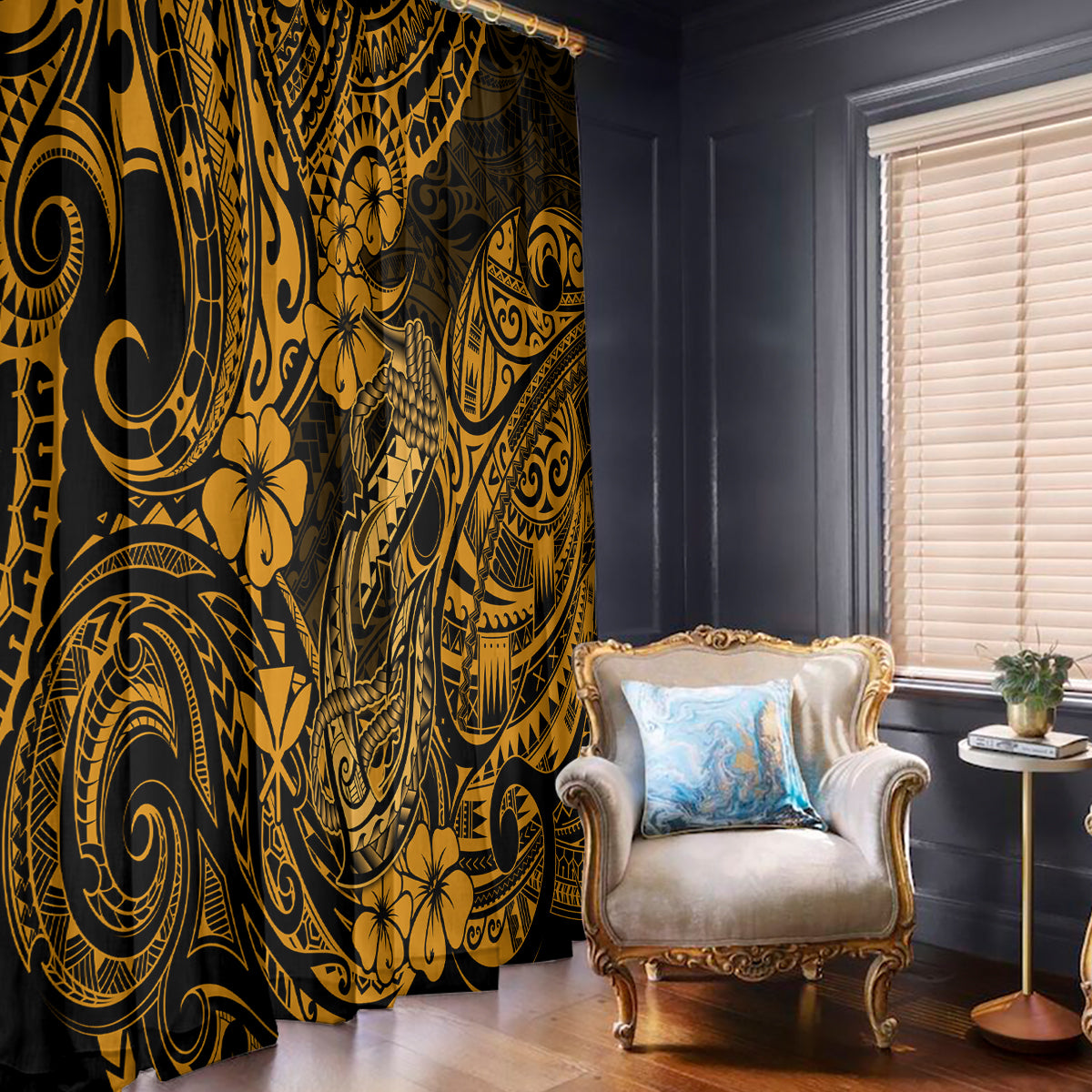 Hawaii Fish Hook Window Curtain Polynesian Pattern Gold Version LT01 Gold - Polynesian Pride