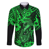 Hawaii Fish Hook Family Matching Off Shoulder Long Sleeve Dress and Hawaiian Shirt Polynesian Pattern Green Version LT01 Dad's Shirt - Long Sleeve Green - Polynesian Pride