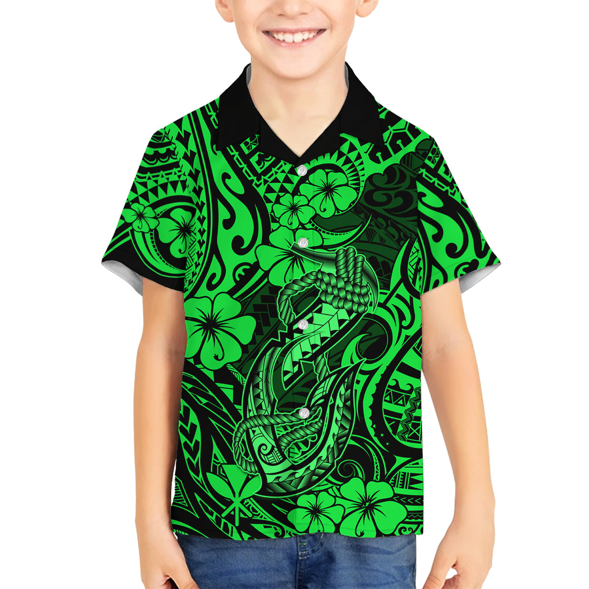 Hawaii Fish Hook Family Matching Off Shoulder Long Sleeve Dress and Hawaiian Shirt Polynesian Pattern Green Version LT01 Son's Shirt Green - Polynesian Pride