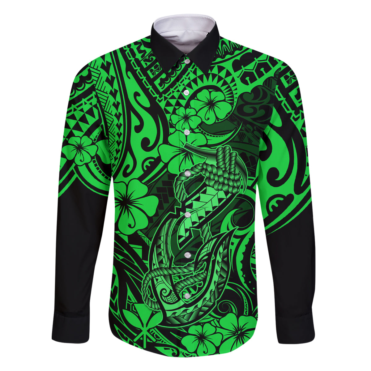 Hawaii Fish Hook Family Matching Tank Maxi Dress and Hawaiian Shirt Polynesian Pattern Green Version LT01 Dad's Shirt - Long Sleeve Green - Polynesian Pride