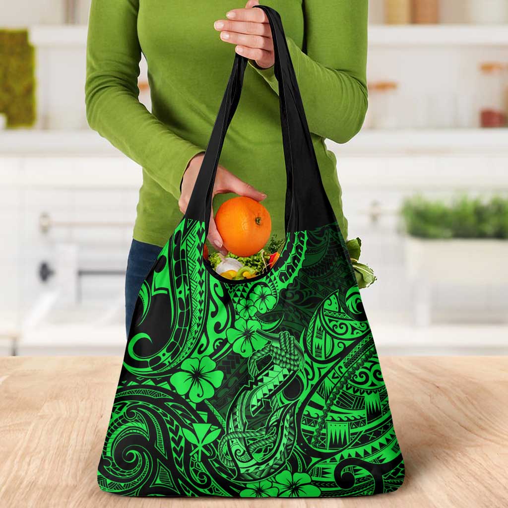 Hawaii Fish Hook Grocery Bag Polynesian Pattern Green Version
