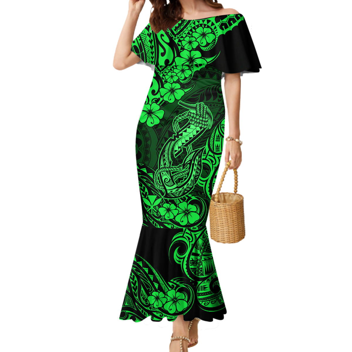 Hawaii Fish Hook Mermaid Dress Polynesian Pattern Green Version LT01 Women Green - Polynesian Pride