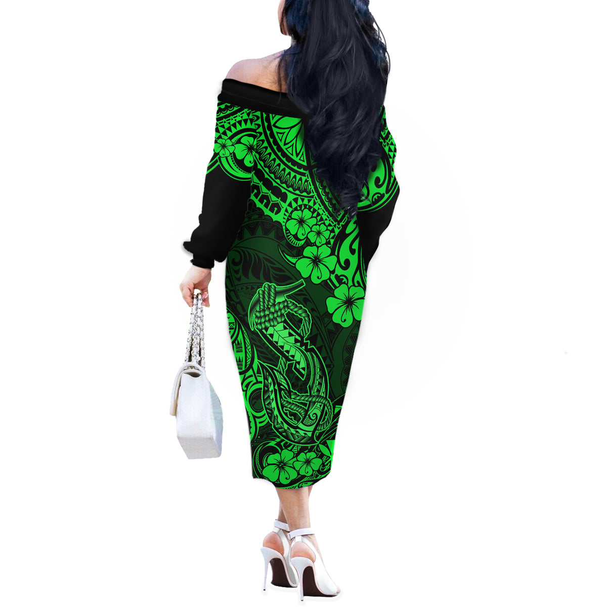Hawaii Fish Hook Off The Shoulder Long Sleeve Dress Polynesian Pattern Green Version LT01 - Polynesian Pride