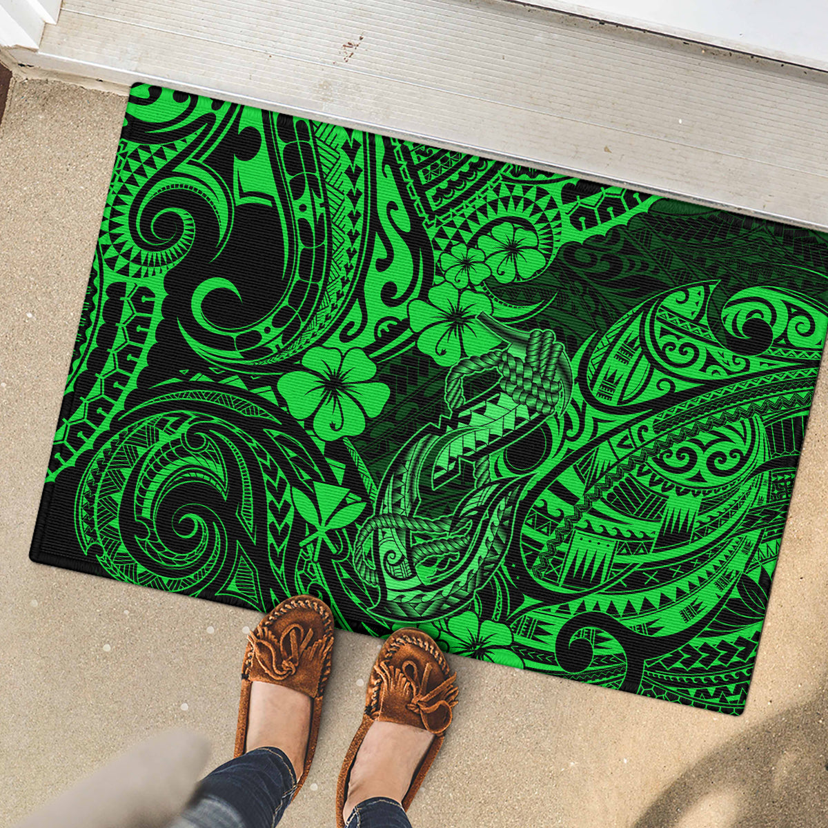 Hawaii Fish Hook Rubber Doormat Polynesian Pattern Green Version LT01 - Polynesian Pride