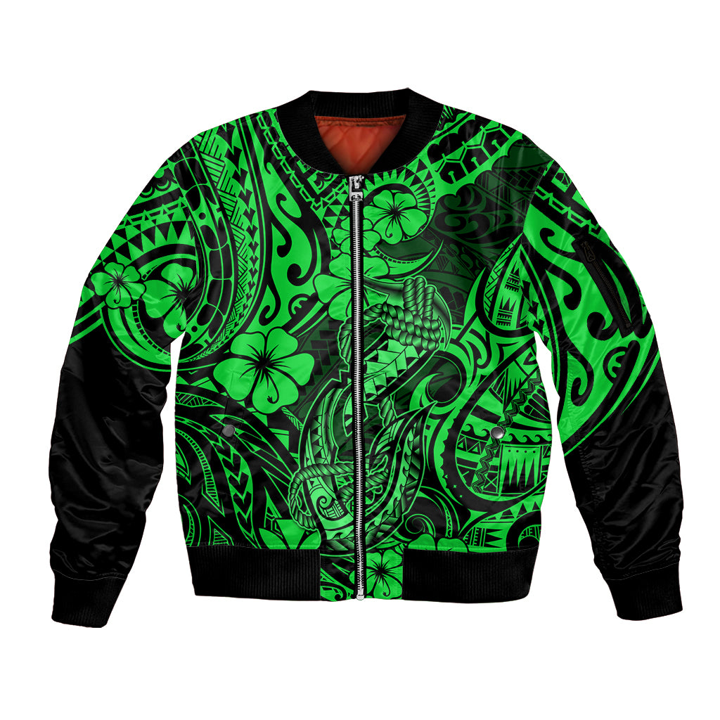 Hawaii Fish Hook Sleeve Zip Bomber Jacket Polynesian Pattern Green Version LT01 Unisex Green - Polynesian Pride