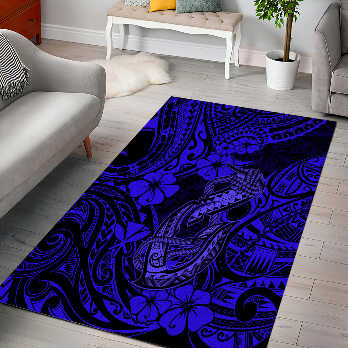 Hawaii Fish Hook Area Rug Polynesian Pattern Navy Blue Version LT01 - Polynesian Pride