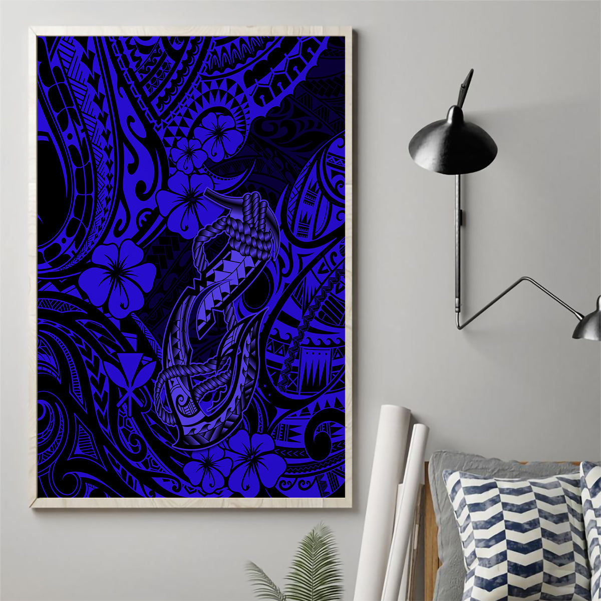 Hawaii Fish Hook Canvas Wall Art Polynesian Pattern Navy Blue Version LT01 - Polynesian Pride