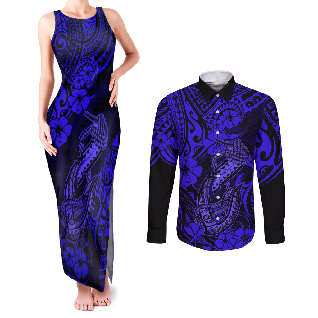 Hawaii Fish Hook Couples Matching Tank Maxi Dress and Long Sleeve Button Shirts Polynesian Pattern Navy Blue Version LT01 Blue - Polynesian Pride