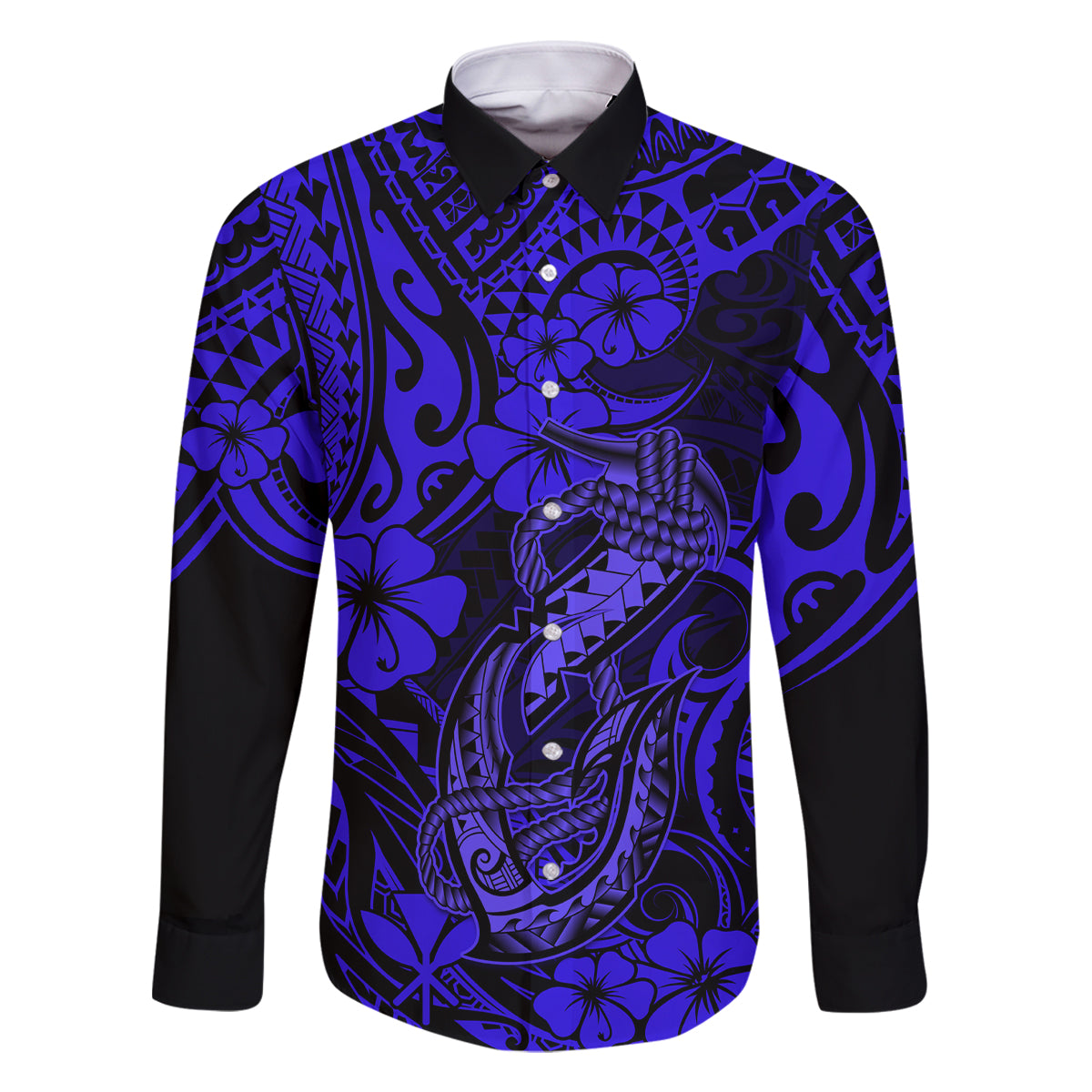 Hawaii Fish Hook Family Matching Long Sleeve Bodycon Dress and Hawaiian Shirt Polynesian Pattern Navy Blue Version LT01 Dad's Shirt - Long Sleeve Blue - Polynesian Pride