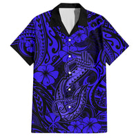 Hawaii Fish Hook Family Matching Off Shoulder Long Sleeve Dress and Hawaiian Shirt Polynesian Pattern Navy Blue Version LT01 Dad's Shirt - Short Sleeve Blue - Polynesian Pride