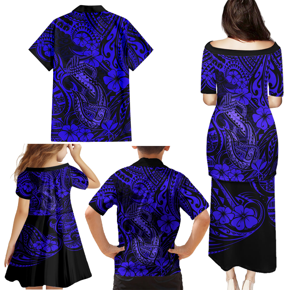 Hawaii Fish Hook Family Matching Puletasi Dress and Hawaiian Shirt Polynesian Pattern Navy Blue Version LT01 - Polynesian Pride