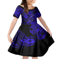Hawaii Fish Hook Family Matching Short Sleeve Bodycon Dress and Hawaiian Shirt Polynesian Pattern Navy Blue Version LT01 Daughter's Dress Blue - Polynesian Pride
