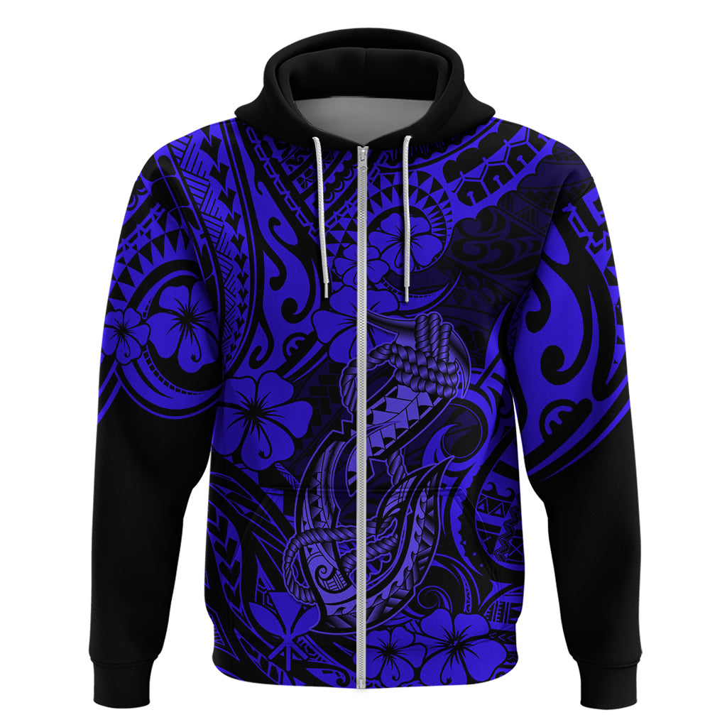 Hawaii Fish Hook Hoodie Polynesian Pattern Navy Blue Version LT01 Zip Hoodie Blue - Polynesian Pride