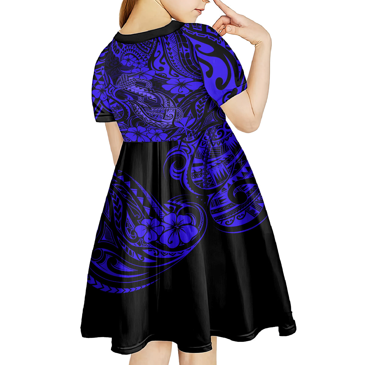 Hawaii Fish Hook Kid Short Sleeve Dress Polynesian Pattern Navy Blue Version LT01 - Polynesian Pride