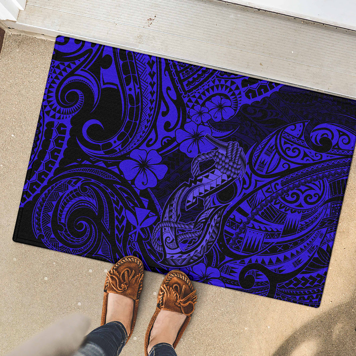 Hawaii Fish Hook Rubber Doormat Polynesian Pattern Navy Blue Version LT01 - Polynesian Pride
