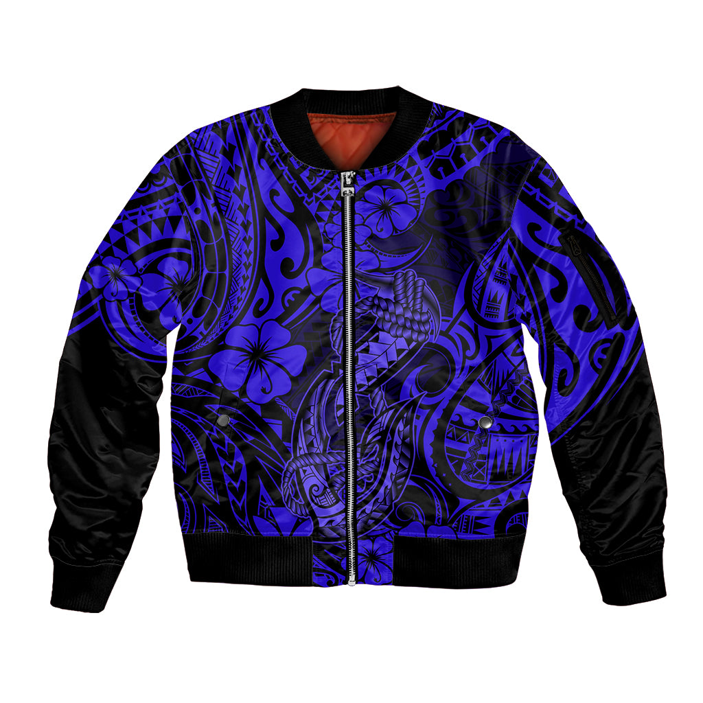 Hawaii Fish Hook Sleeve Zip Bomber Jacket Polynesian Pattern Navy Blue Version LT01 Unisex Blue - Polynesian Pride