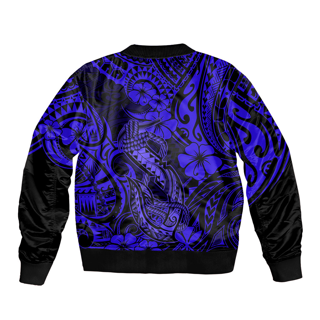 Hawaii Fish Hook Sleeve Zip Bomber Jacket Polynesian Pattern Navy Blue Version LT01 - Polynesian Pride