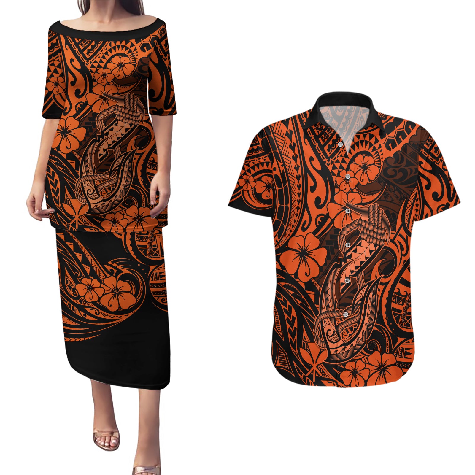 Hawaii Fish Hook Couples Matching Puletasi Dress and Hawaiian Shirt Polynesian Pattern Orange Version LT01 Orange - Polynesian Pride