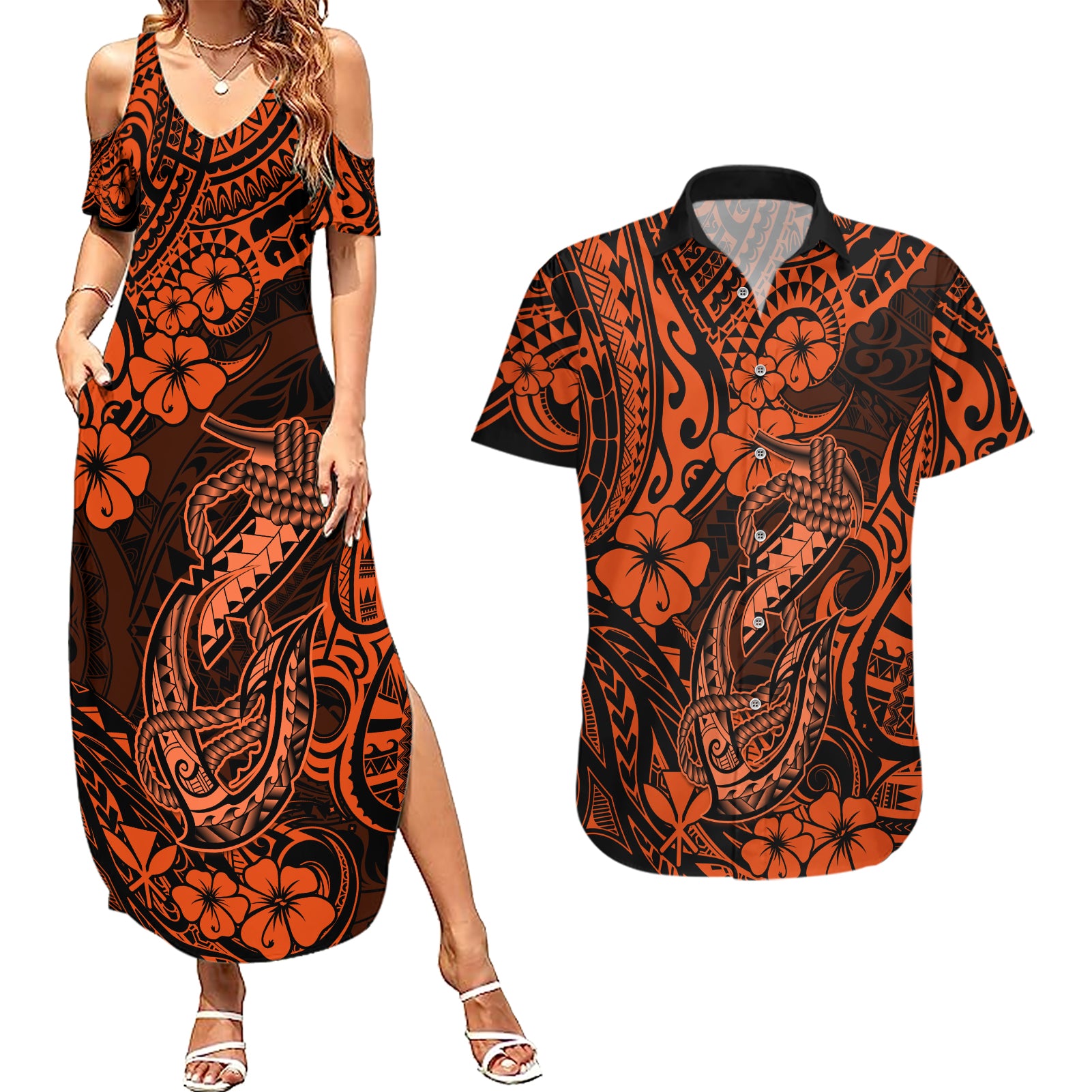 Hawaii Fish Hook Couples Matching Summer Maxi Dress and Hawaiian Shirt Polynesian Pattern Orange Version LT01 Orange - Polynesian Pride