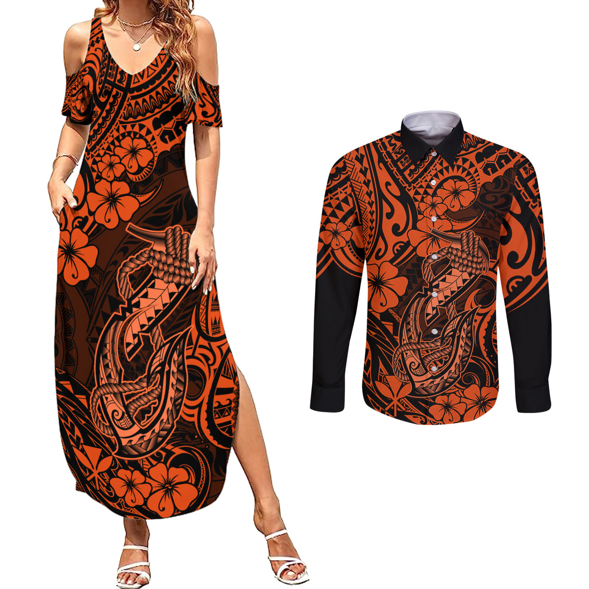 Hawaii Fish Hook Couples Matching Summer Maxi Dress and Long Sleeve Button Shirts Polynesian Pattern Orange Version LT01 Orange - Polynesian Pride