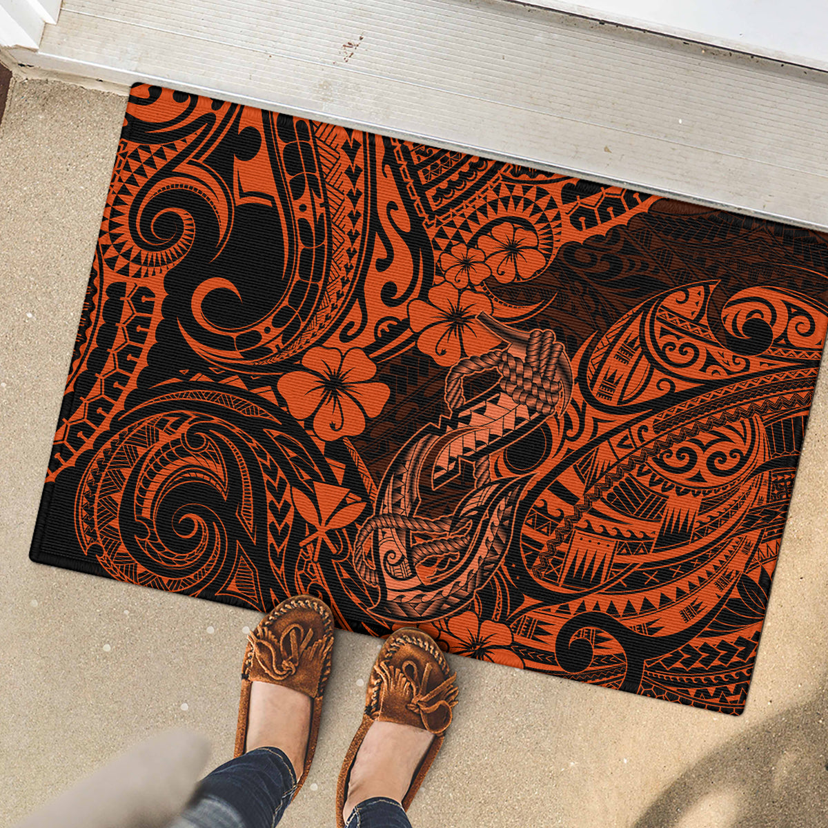 Hawaii Fish Hook Rubber Doormat Polynesian Pattern Orange Version LT01