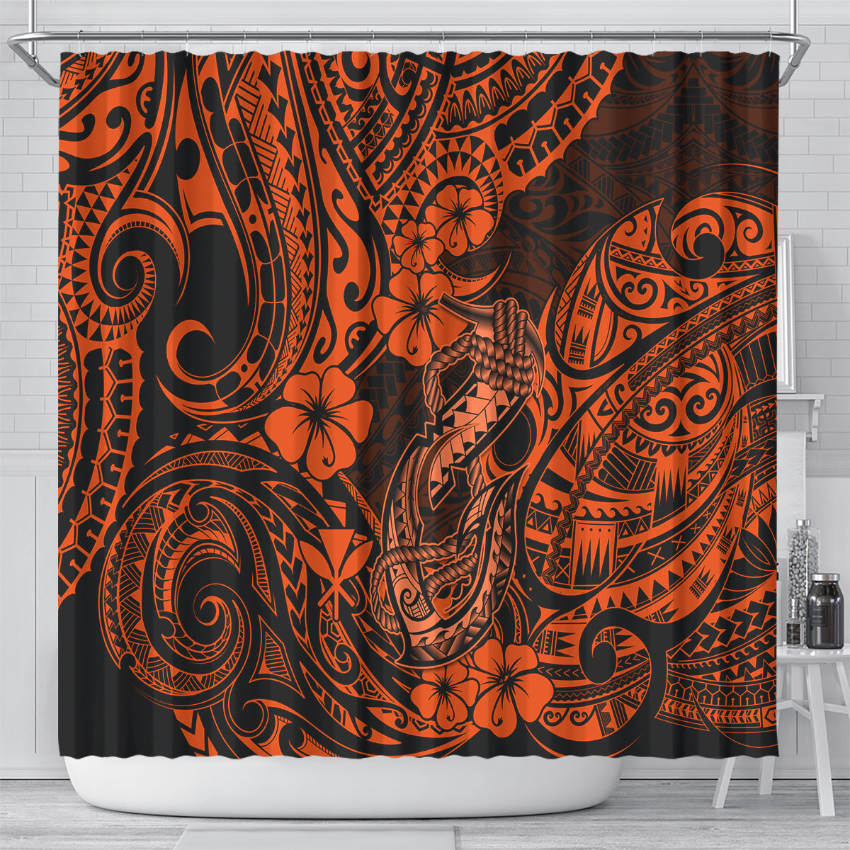 Hawaii Fish Hook Shower Curtain Polynesian Pattern Orange Version LT01