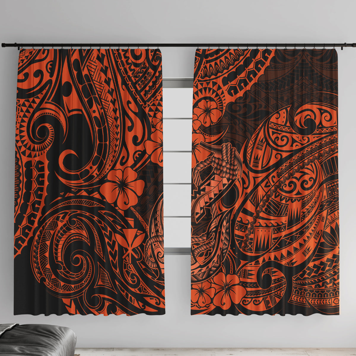 Hawaii Fish Hook Window Curtain Polynesian Pattern Orange Version LT01