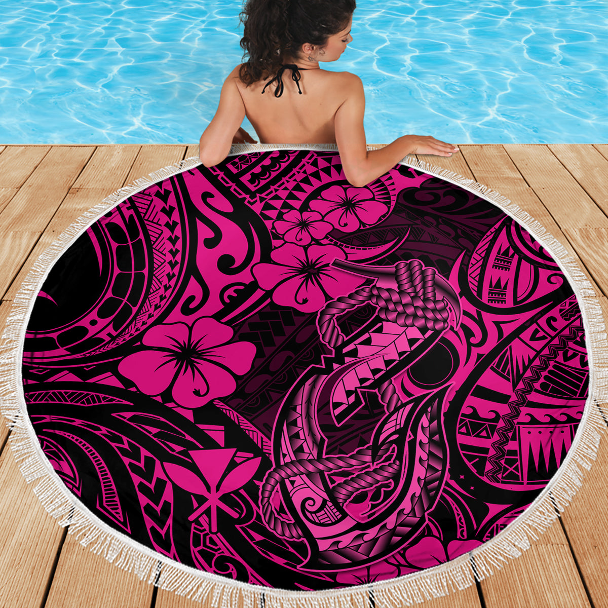Hawaii Fish Hook Beach Blanket Hibiscus Hawaii Tribal Tattoo Pink Version LT01 - Wonder Print Shop