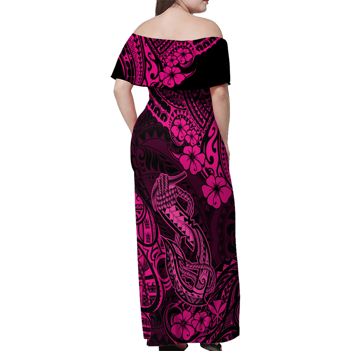 Hawaii Fish Hook Family Matching Off Shoulder Maxi Dress and Hawaiian Shirt Hibiscus Hawaii Tribal Tattoo Pink Version LT01 - Polynesian Pride