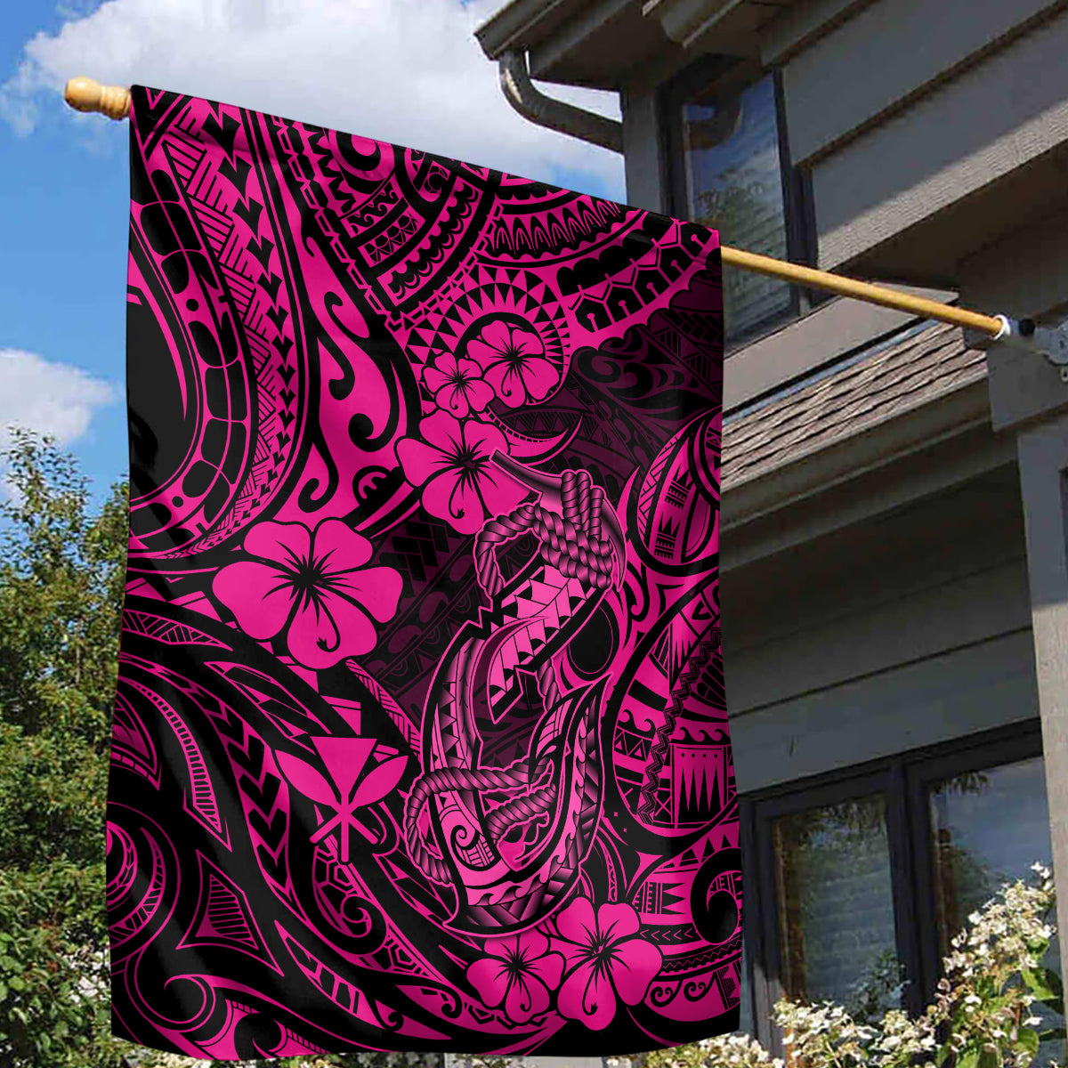 Hawaii Fish Hook Garden Flag Hibiscus Hawaii Tribal Tattoo Pink Version LT01 - Polynesian Pride
