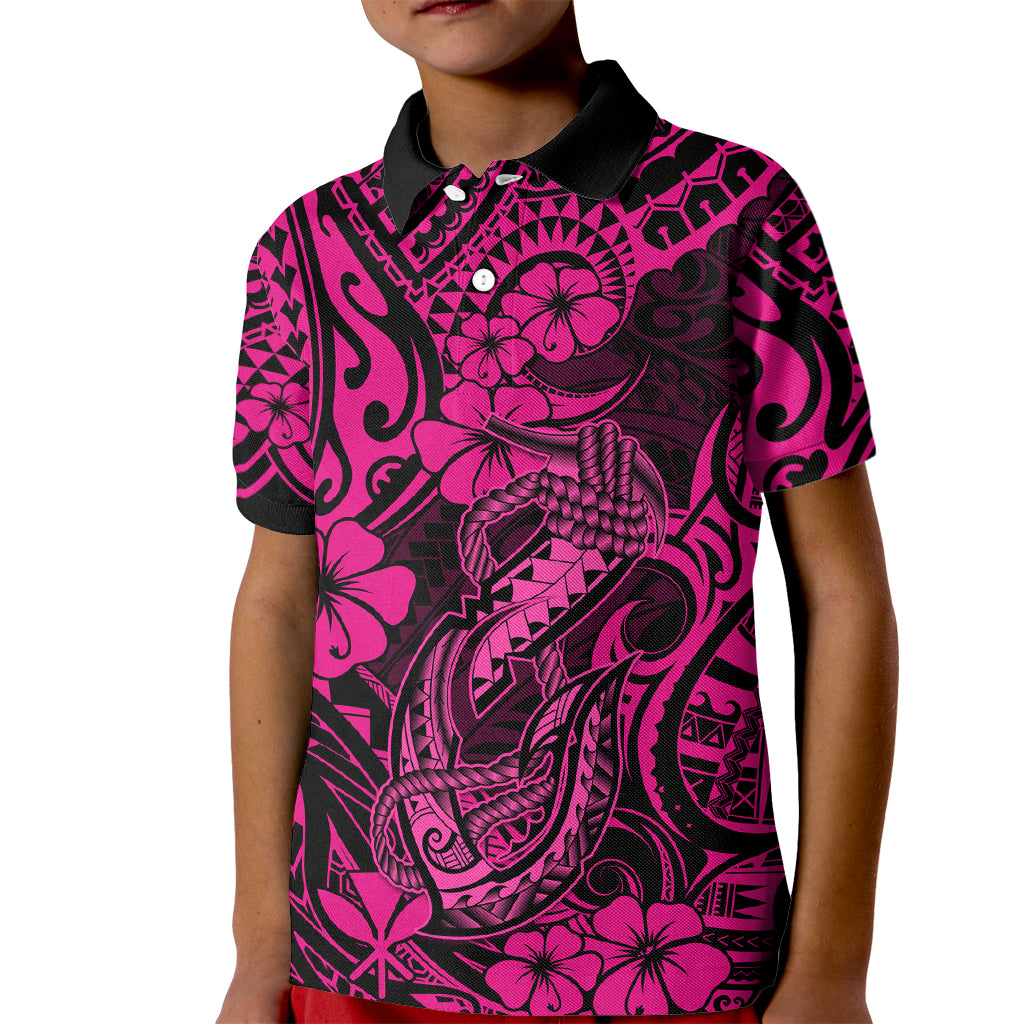 Hawaii Fish Hook Kid Polo Shirt Hibiscus Hawaii Tribal Tattoo Pink Version LT01 Kid Pink - Polynesian Pride