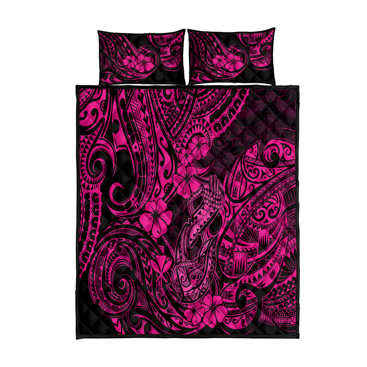 Hawaii Fish Hook Quilt Bed Set Hibiscus Hawaii Tribal Tattoo Pink Version LT01 Pink - Polynesian Pride