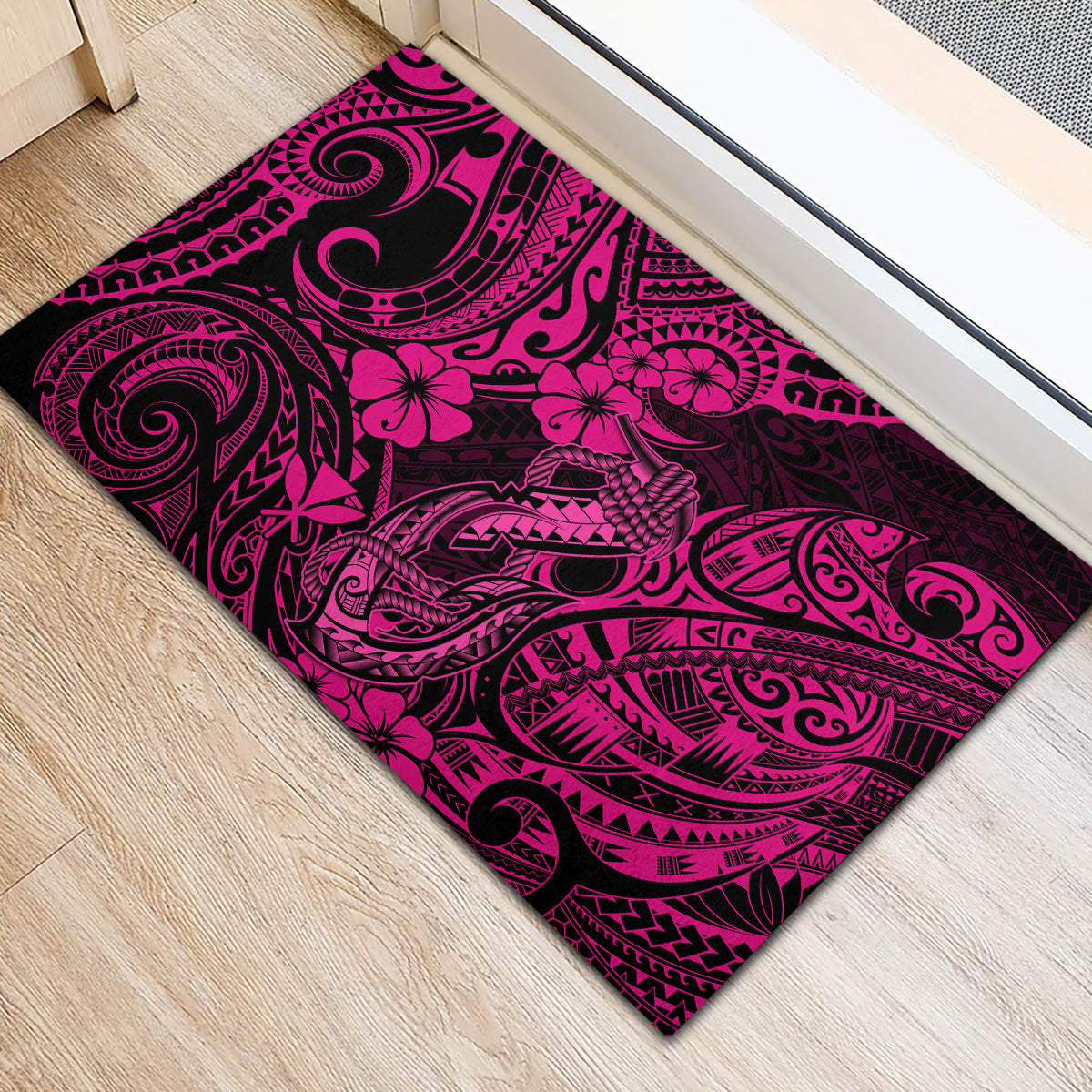 Hawaii Fish Hook Rubber Doormat Hibiscus Hawaii Tribal Tattoo Pink Version LT01 - Polynesian Pride