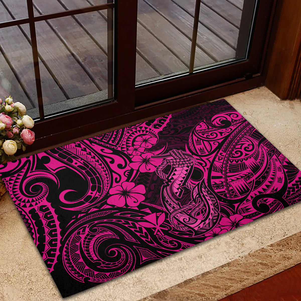 Hawaii Fish Hook Rubber Doormat Hibiscus Hawaii Tribal Tattoo Pink Version LT01 - Polynesian Pride