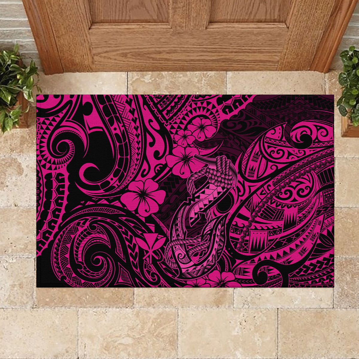 Hawaii Fish Hook Rubber Doormat Hibiscus Hawaii Tribal Tattoo Pink Version LT01 - Polynesian Pride