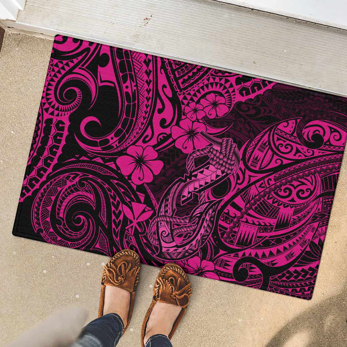 Hawaii Fish Hook Rubber Doormat Hibiscus Hawaii Tribal Tattoo Pink Version LT01 - Polynesian Pride