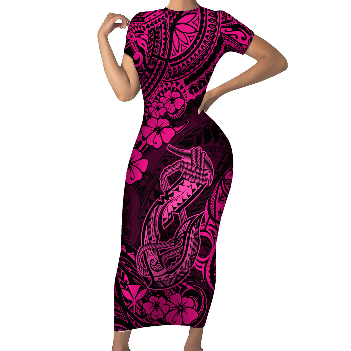 Hawaii Fish Hook Short Sleeve Bodycon Dress Hibiscus Hawaii Tribal Tattoo Pink Version LT01 Long Dress Pink - Polynesian Pride