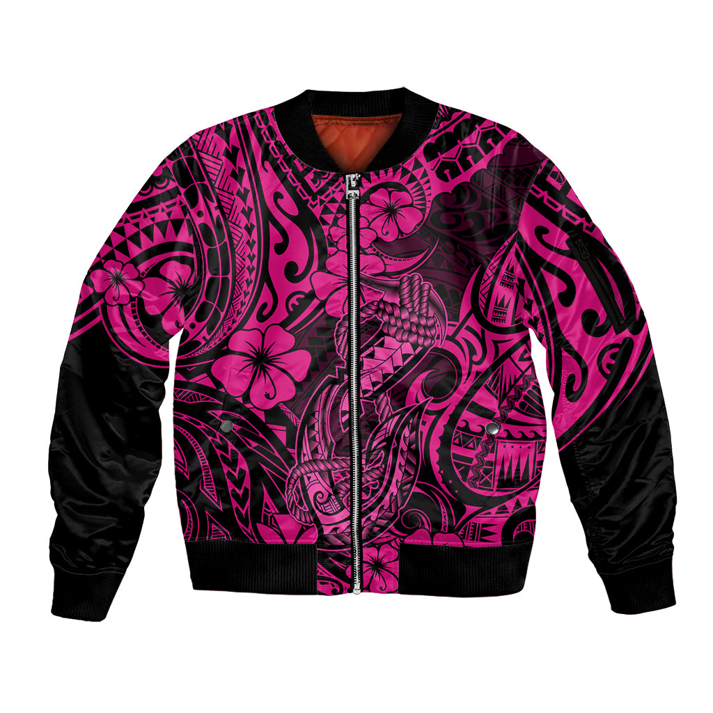 Hawaii Fish Hook Sleeve Zip Bomber Jacket Hibiscus Hawaii Tribal Tattoo Pink Version LT01 Unisex Pink - Polynesian Pride