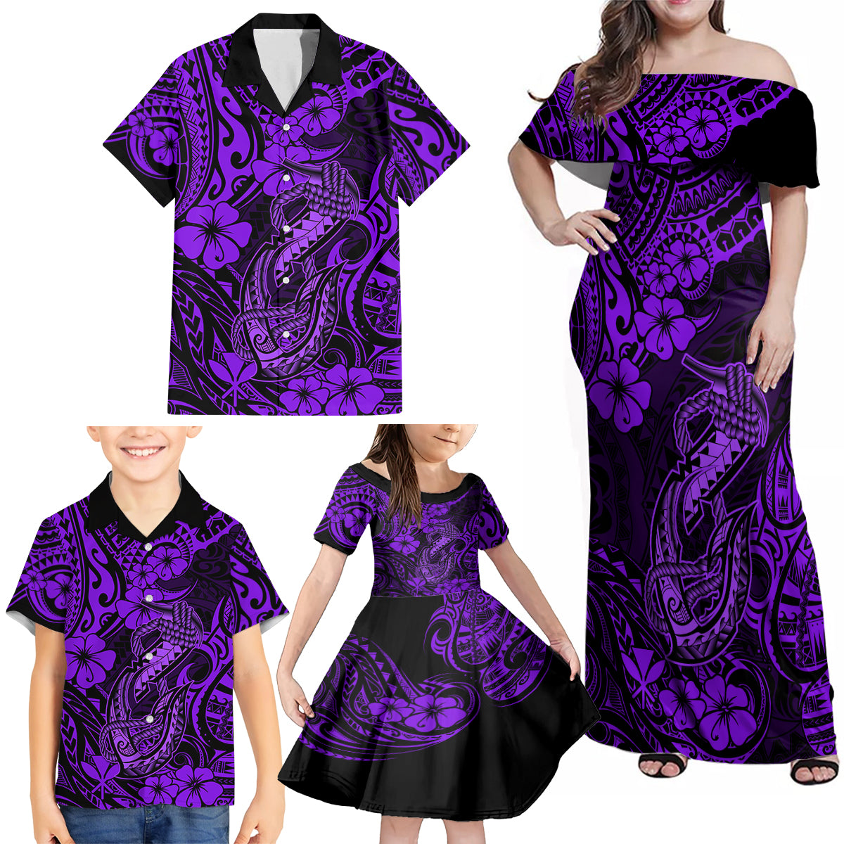 Hawaii Fish Hook Family Matching Off Shoulder Maxi Dress and Hawaiian Shirt Hibiscus Hawaii Tribal Tattoo Purple Version LT01 - Polynesian Pride